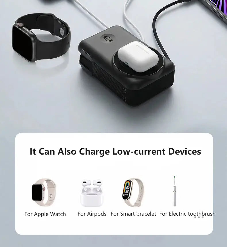 black rectangular solid-state battery power bank with magnetic wireless charging and built-in circular slot for airpods case featuring side ports for multiple device connectivity