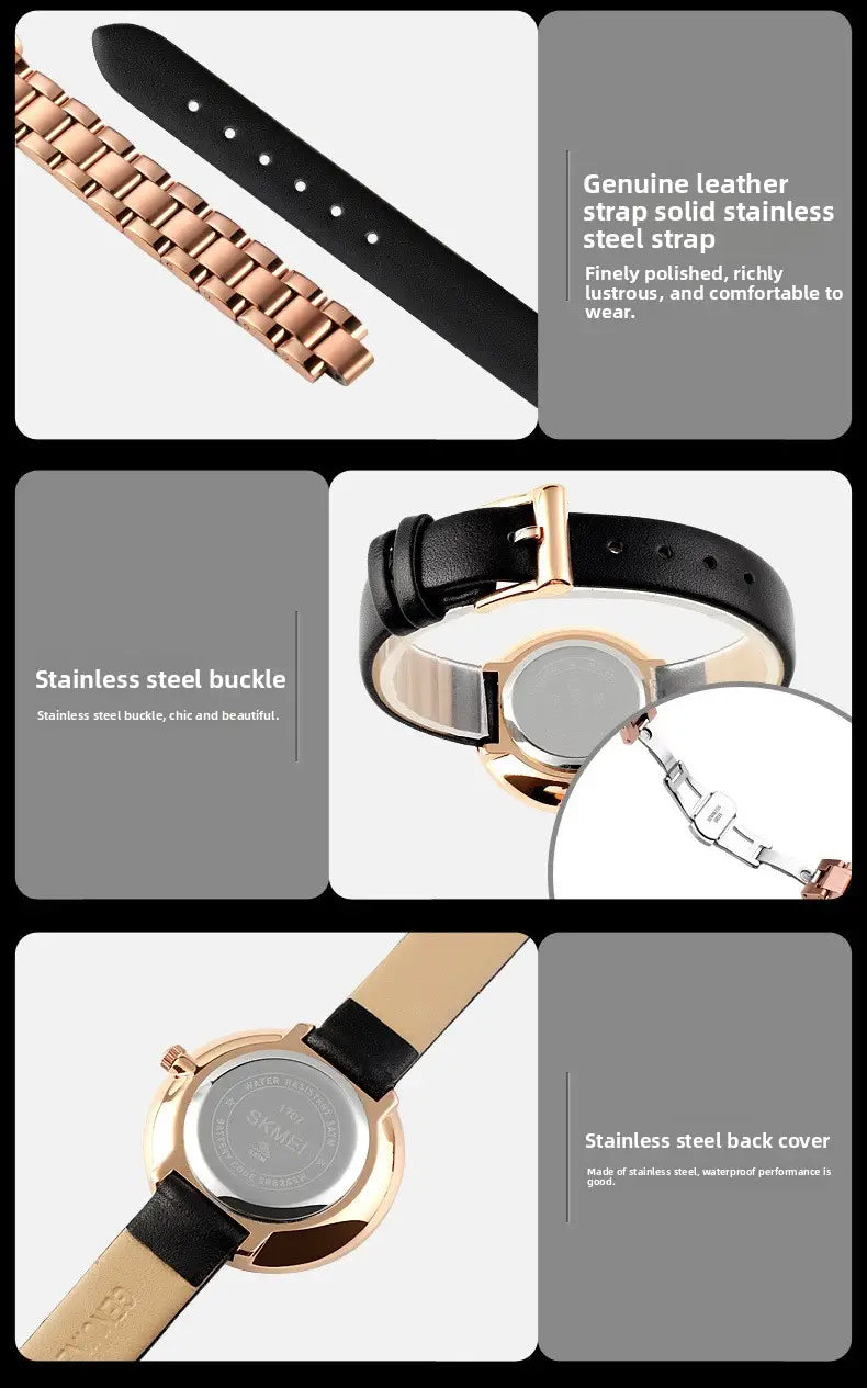 Rose gold-tone stainless steel floral quartz watch with black leather strap and polished metal accents in a gift box.