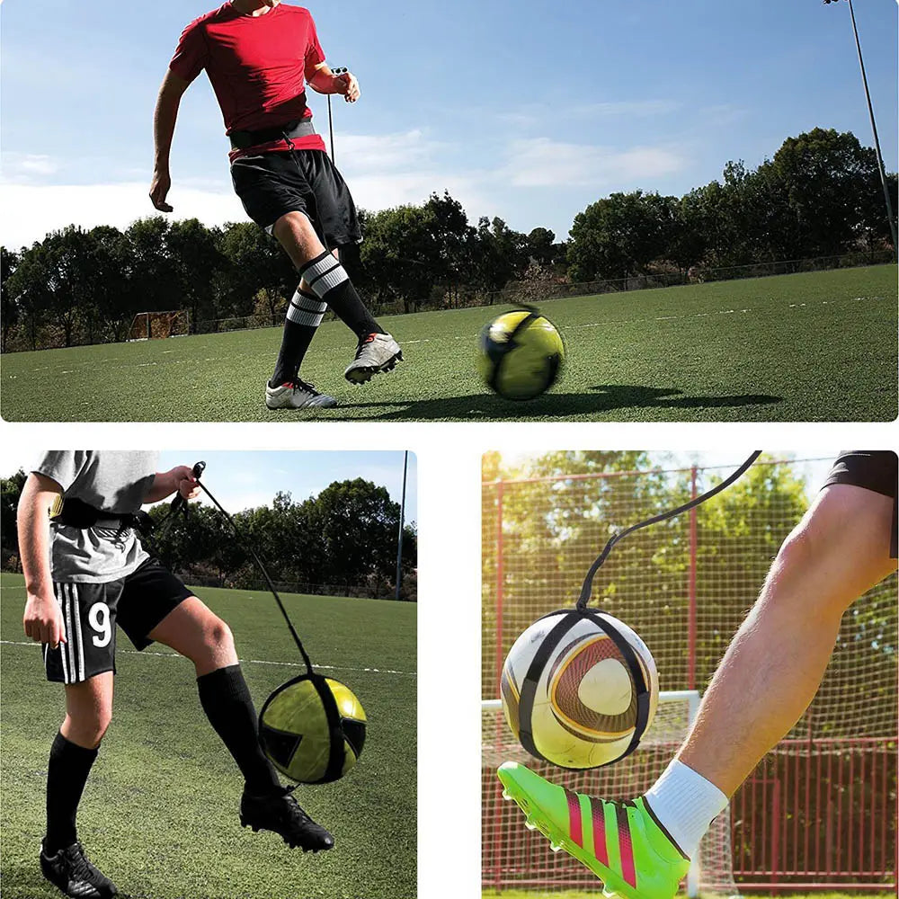 Solo football training aid featuring a yellow and black soccer ball with a black adjustable waist belt for enhanced training performance.