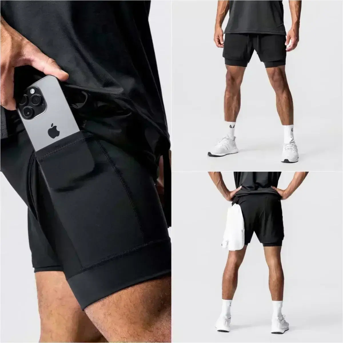 Hombres, pantalones cortos atléticos 2 en 1 negros para gimnasio con bolsillo lateral integrado para un almacenamiento seguro del teléfono inteligente y trabilla para la toalla; ofrecen soporte durante los entrenamientos.