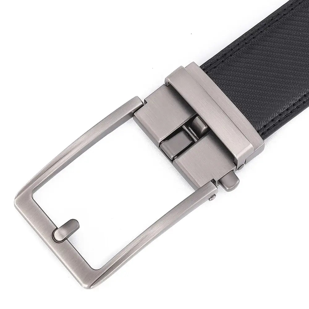 Black leather mens belt with a sleek silver toned automatic buckle.