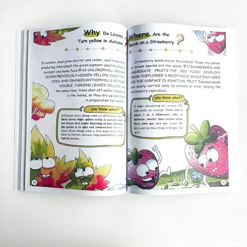 Ein offenes Kinderbildungsbuch mit dem Titel 100000 Whys Kids Science Encyclopedia Book, mit farbenfrohen Illustrationen von Erdbeeren und Herbstblättern.
