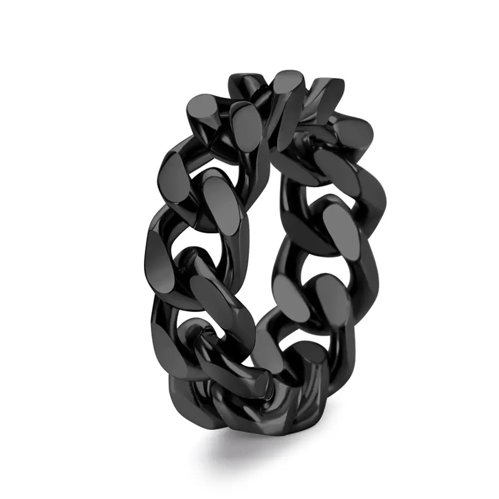 anillo de cadena cubana de acero inoxidable negro, con un diseño robusto y contundente del set de anillos de cadena cubana de acero titán