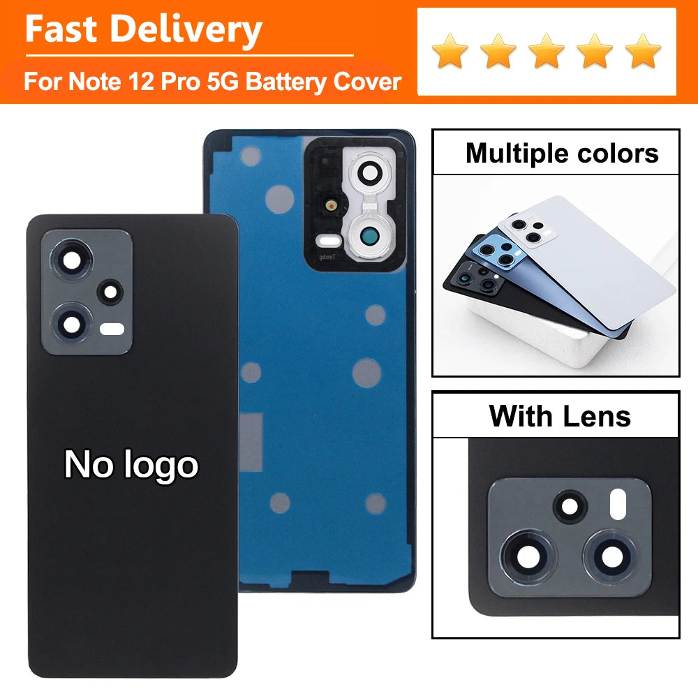 For Xiaomi Redmi Note 12 Pro 5G Back Glass Cover Housing Battery Rear Case Phone Lid Replacement with Camera Frame Lens