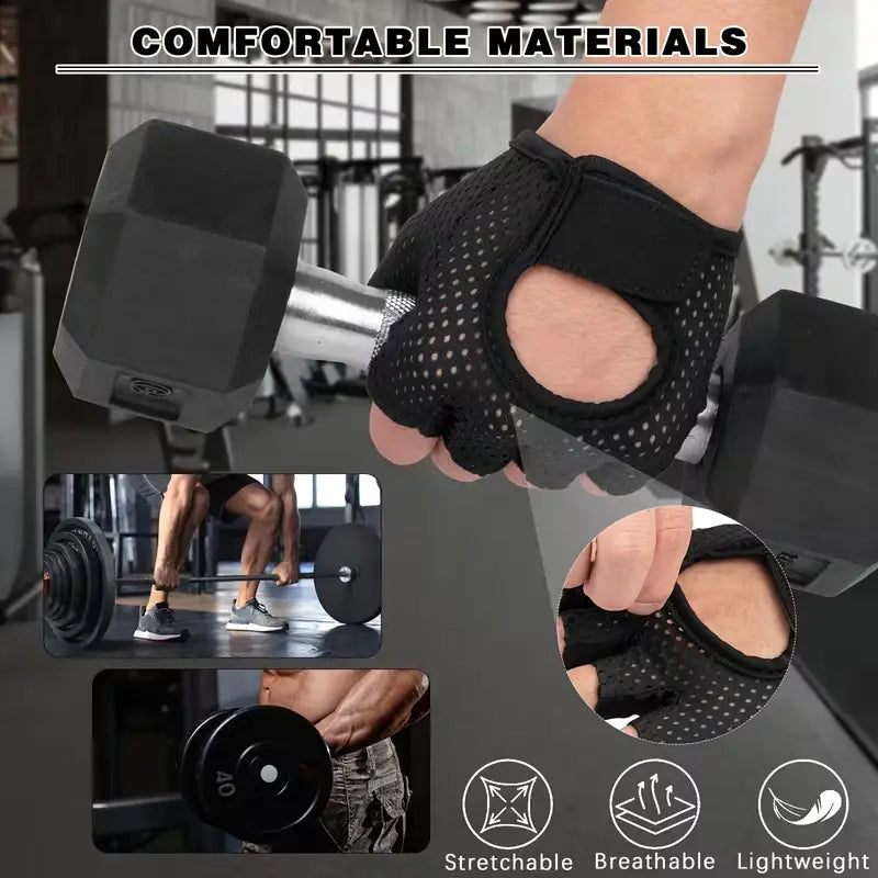 Black mesh fingerless weight lifting gloves with breathable fabric and adjustable wrist strap for gym exercise fitness.