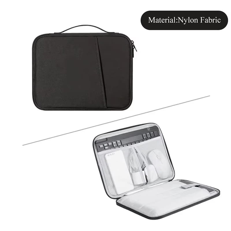 Black nylon fabric laptop sleeve with a top handle and zipper closure featuring an interior compartment for accessories shown as a pink laptop sleeve 11 to 13 inch padded case.