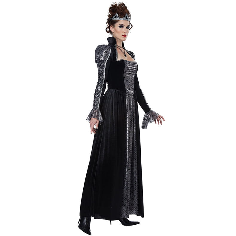 Black velvet gothic vampire queen costume gown featuring silver lace trim and long puffed sleeves.
