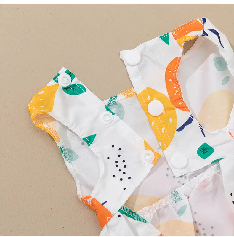 a white fabric apron with a playful citrus fruit pattern in orange yellow green and blue featured as part of a floral dog princess dress with bow product