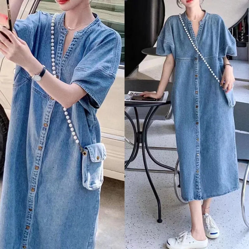 Vintage Denim Women's Dresses for 2026 Summer Thin Casual Jeans Dress Loose Plus Size Lady Vestidos Female Clothes Robe KE6062