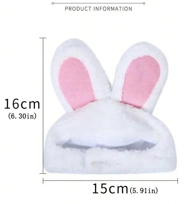 Gorro de peluche blanco ajustable para mascotas con orejas de conejo en una diadema, con orejas internas rosadas.
