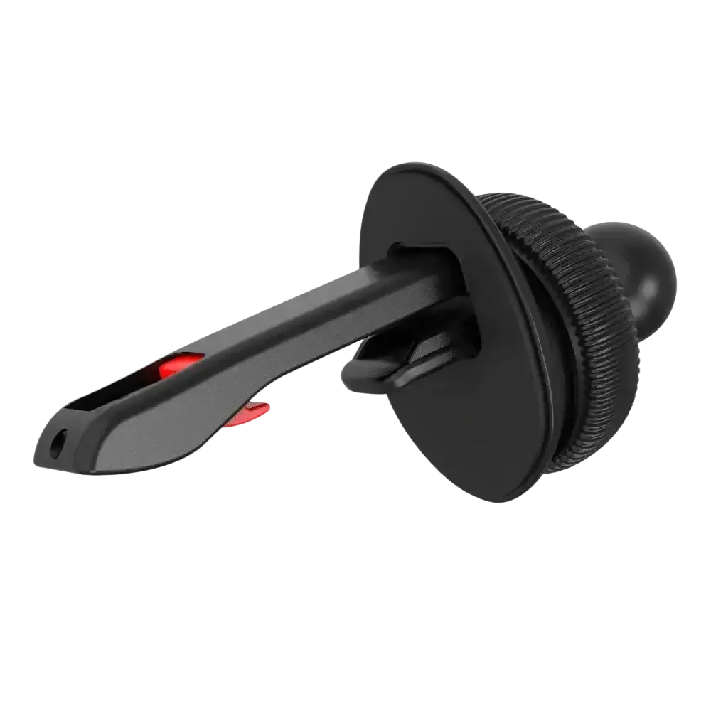 Black car air vent phone holder with red accents and textured grip featuring 17mm ball head base for universal use