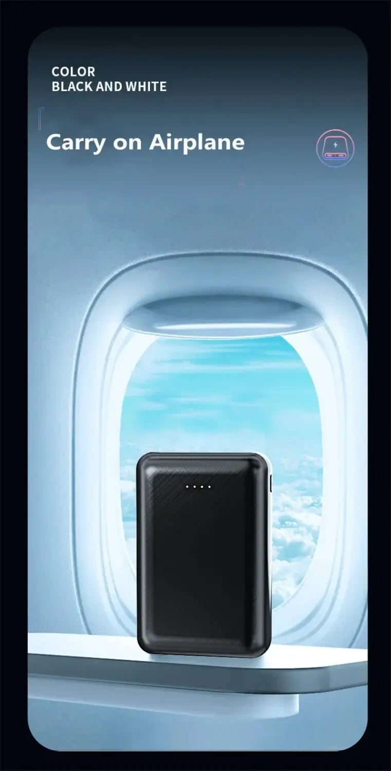 Black rectangular 20000mAh power bank with a sleek minimalist design and subtle white LED indicator lights for charging devices and air conditioning clothing such as heated vests.
