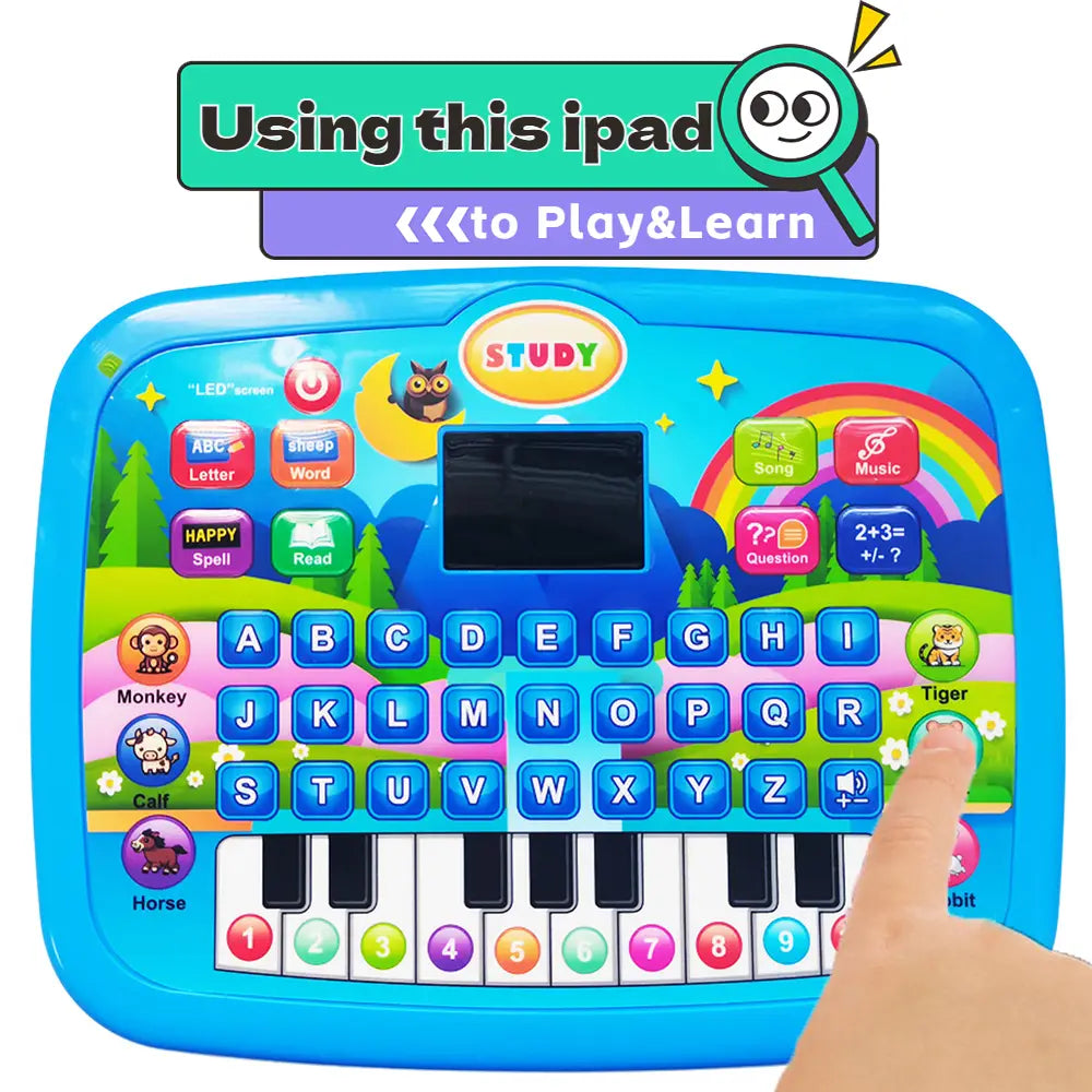 Blaues Kunststoff-Kinder-Bildungstablet-Spielzeug mit farbenfrohen Tasten, Tastatur und Cartoon-Tier-Symbolen, ausgelegt für das musikalische Lernen und Spielen