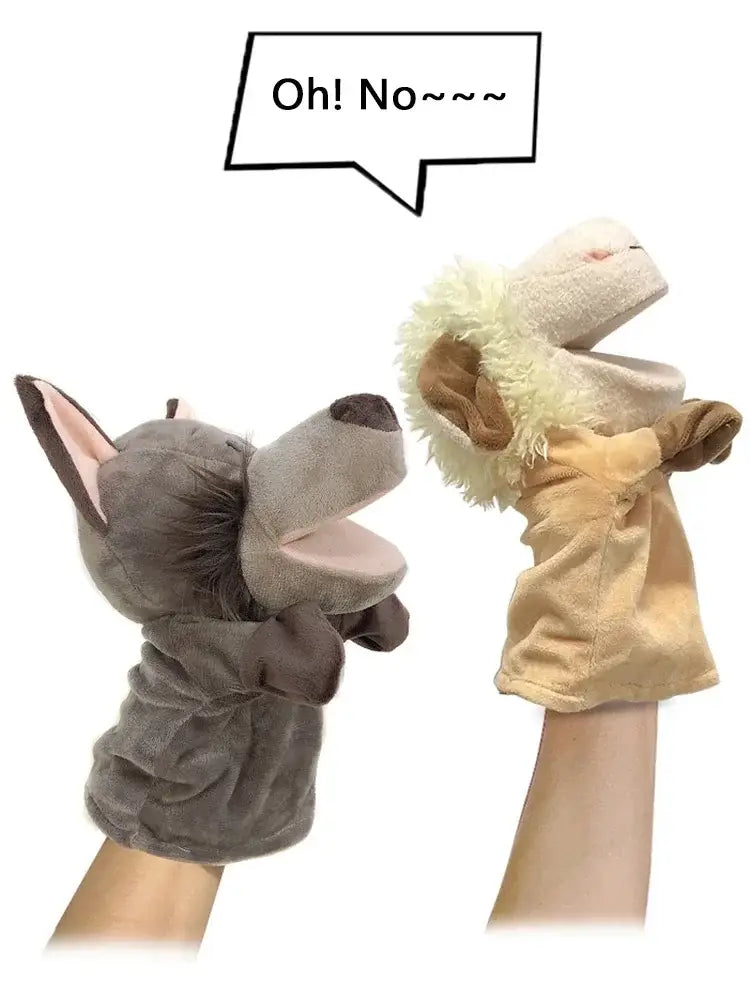 gray wolf and beige sheep plush hand finger puppets made of soft fabric featured in educational baby toys including lion elephant bunny designs.