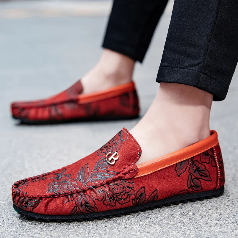 Leisure Leather Loafers Men Design Moccasin Flower Slip On Soft Flat Casual Men Shoes Driving Male Footwear Handmade Boat Shoes