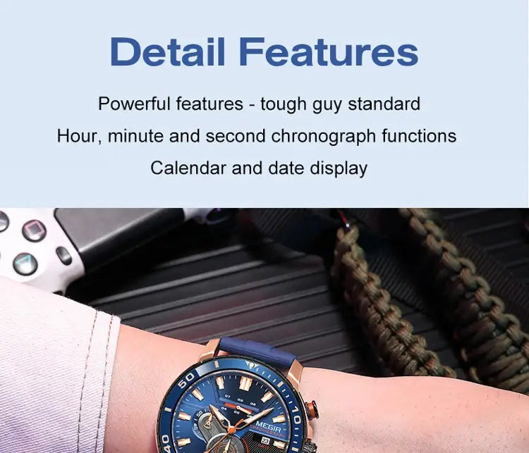 Blue and rose gold Megir men chronograph quartz sport watch with a blue leather strap.