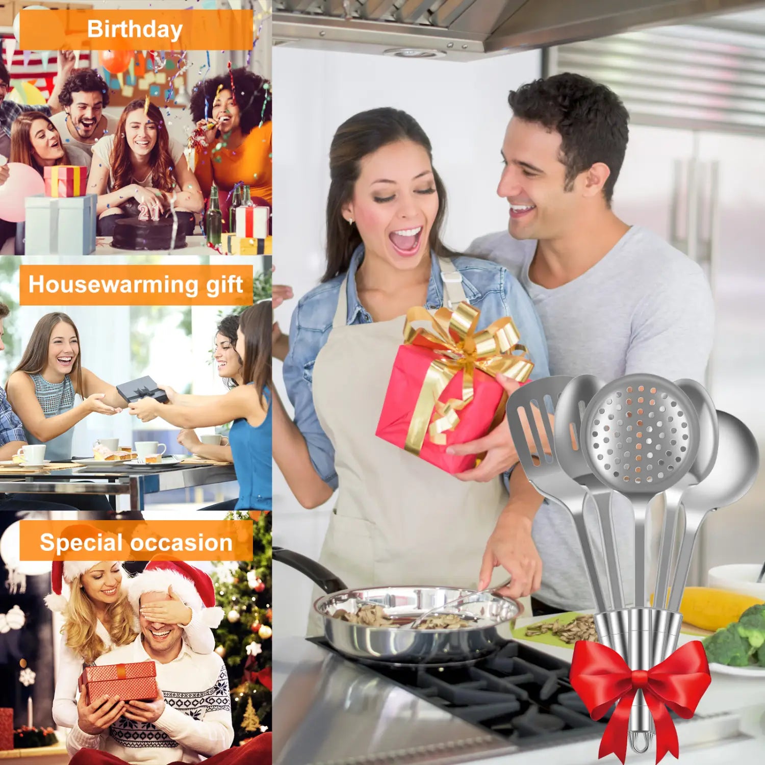 Set of stainless steel cooking utensils tied with a red ribbon bow for kitchen use.
