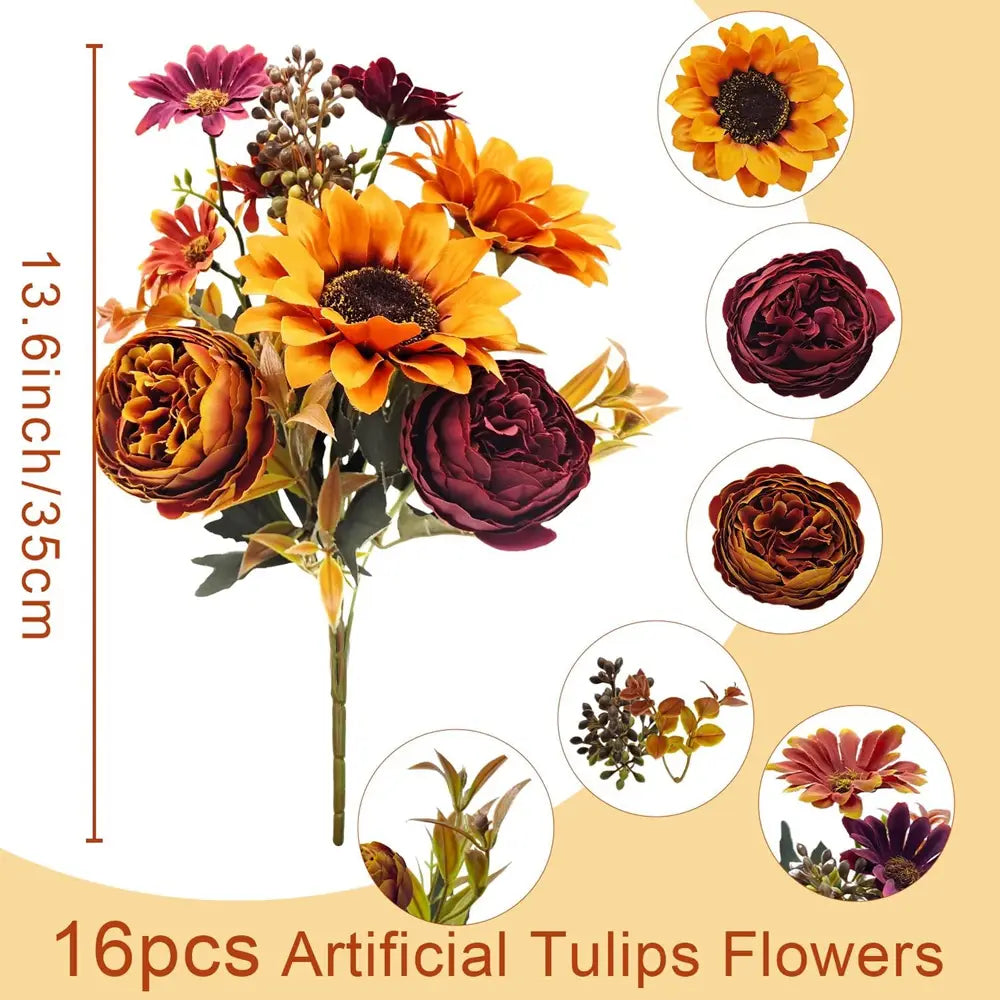 A vibrant artificial flowers autumn sunflower bouquet featuring orange, maroon, and yellow sunflowers, roses, and daisies ideal for home decoration and to send flowers.