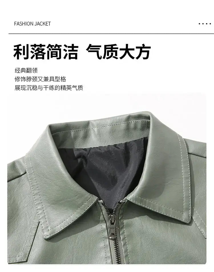 A sleek light green men’s faux leather moto jacket with a classic collar and zipper closure.
