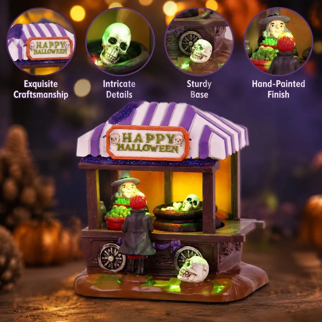 Halloween Spooky Village House Collectible with LED Lights Witch's Stall Shop Figurine Skeleton Decor for Holiday Atmosphere