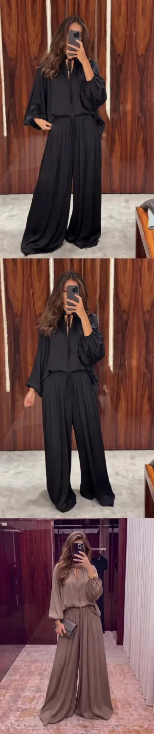 schwarzes Satin-Pyjama-Set mit langen Ärmeln und weitem Bein, ausgelegt für die Frühling- und Sommersaison