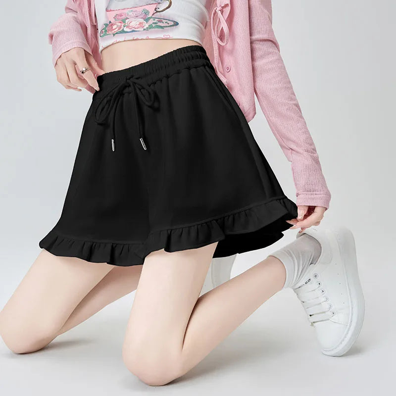 Women Summer Sports Shorts Sweet Ruffles Preppy Loose Casual Drawstring Shorts Female Simple All Match High Waist Hot Shorts New