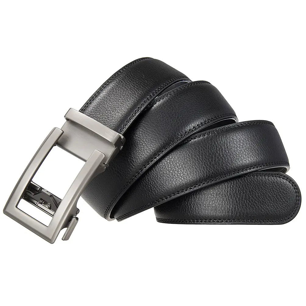 Mens automatic leather belt with black strap and silver-toned automatic buckle for formal wear