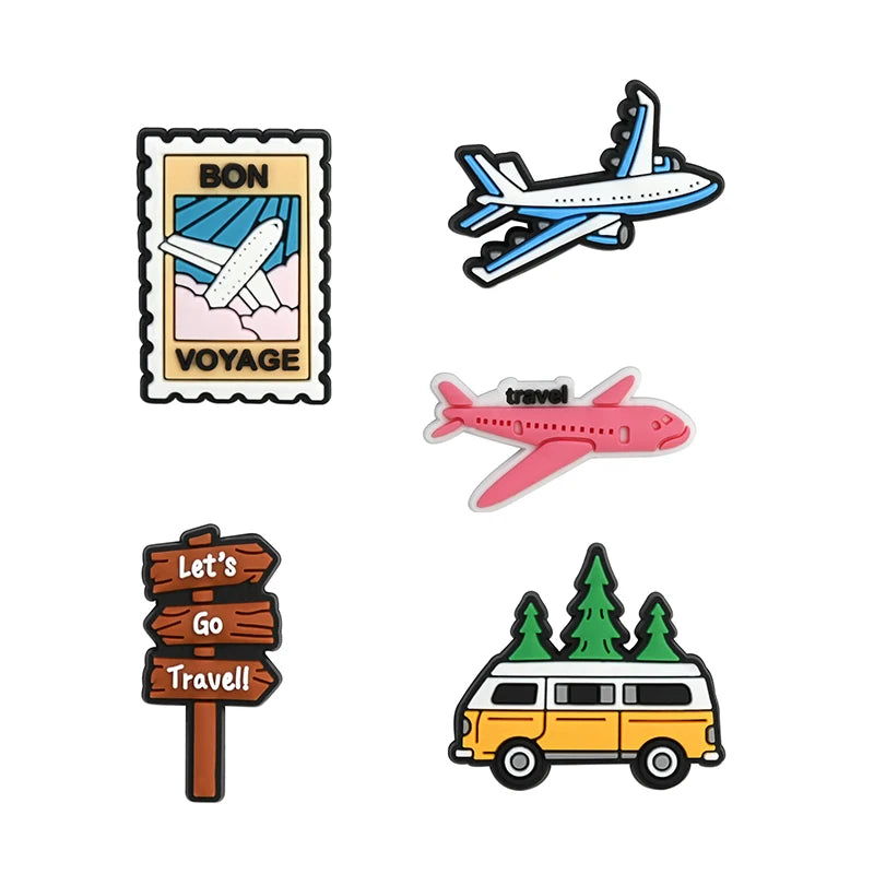 Set of five colorful travel-themed pvc rubber travel shoe charms featuring airplanes van with trees on top and a wooden sign for clog decorations accessories.