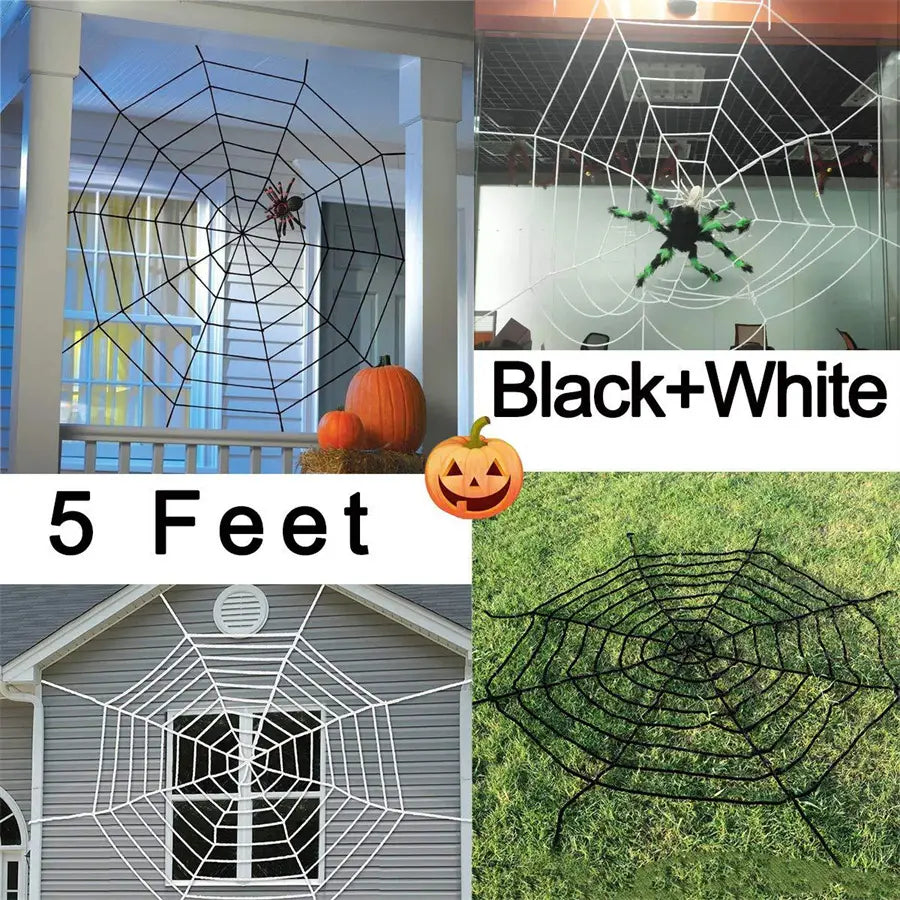 toiles d’araignée décoratives noires et blanches mesurant 1,52 m de large, présentées de face comme une toile d’araignée géante et des décorations d’Halloween avec une fausse araignée