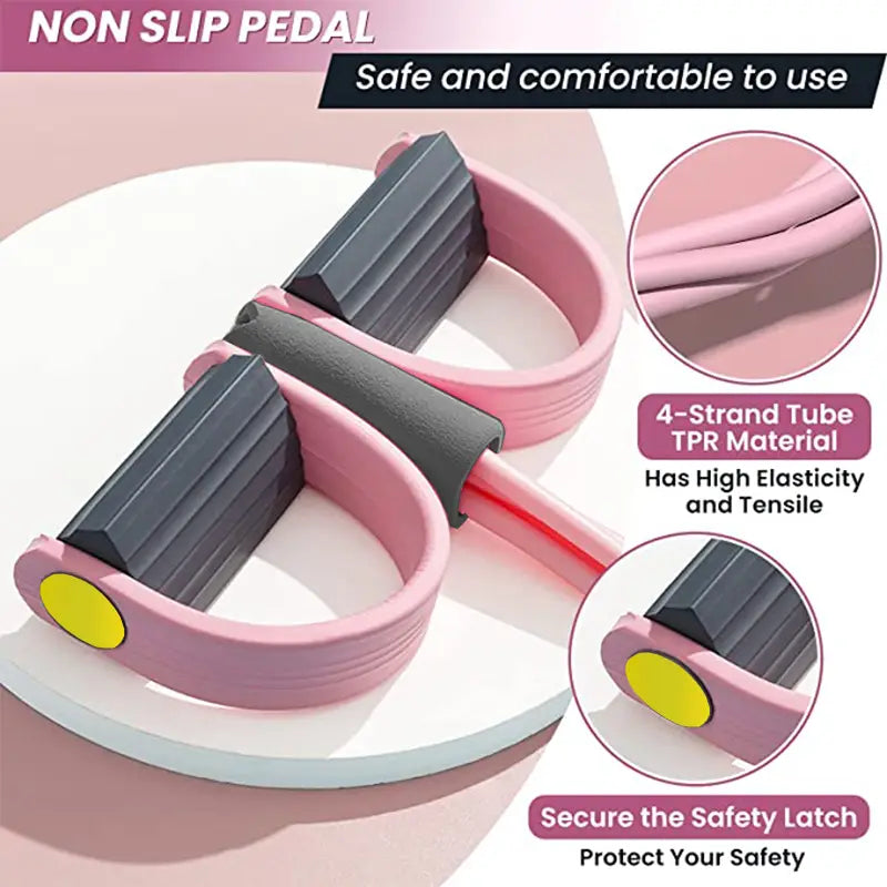Pink and black 4-tube resistance band pedal puller with yellow safety latches made of 4-strand TPR material featuring non-slip design.