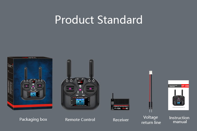 Mando a distancia negro ht-10a con dos antenas, pantalla central que muestra elementos de interfaz azules y varios botones dispuestos alrededor de la pantalla para el uso con receptor de 2,4 ghz y 10 canales.