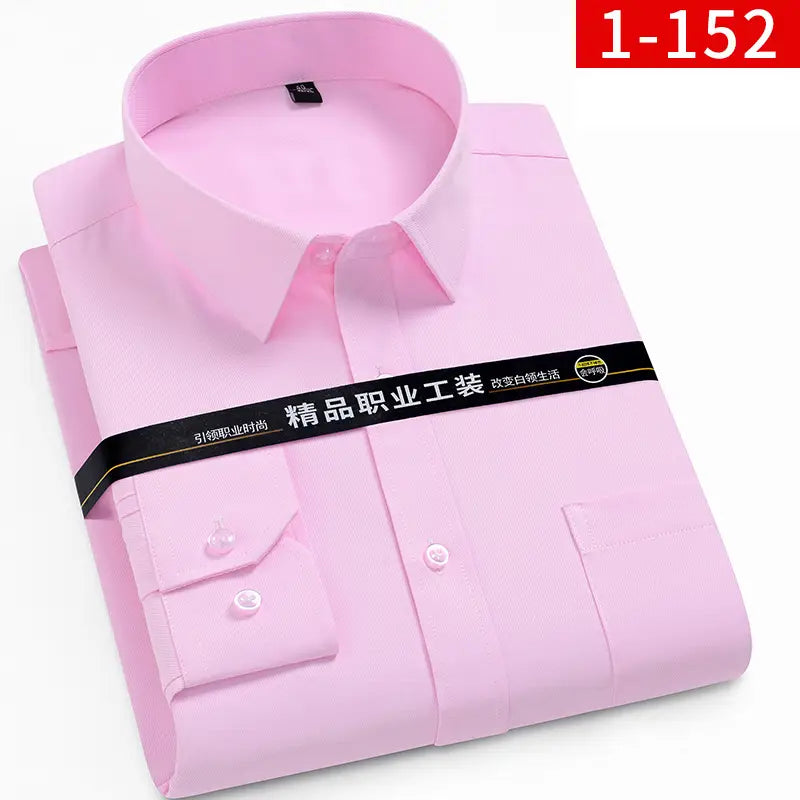 A neatly folded pink men plus size cotton long sleeve formal dress shirt with a classic collar buttoned cuffs and subtle vertical stitching details.