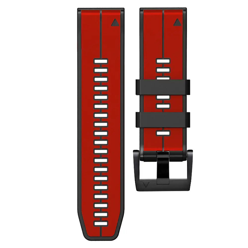 Garmin Fenix Silikonarmband in Rot und Schwarz: strapazierfähiges, strukturiertes Design mit mehreren Justierlöchern und einer schlanken Schnalle, geeignet für Garmin Forerunner-Modelle.