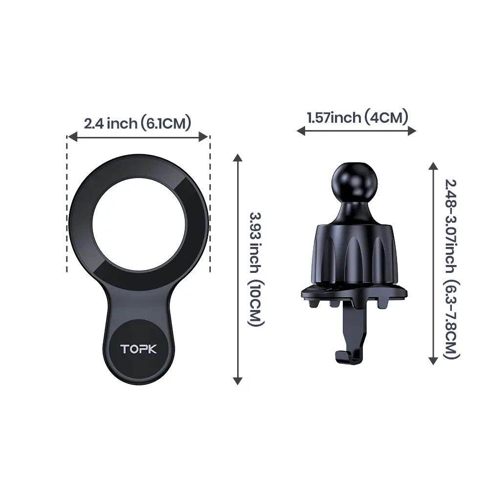 black plastic magsafe car phone holder adapter with circular base and spherical top shown from a front angle for air vent mount use