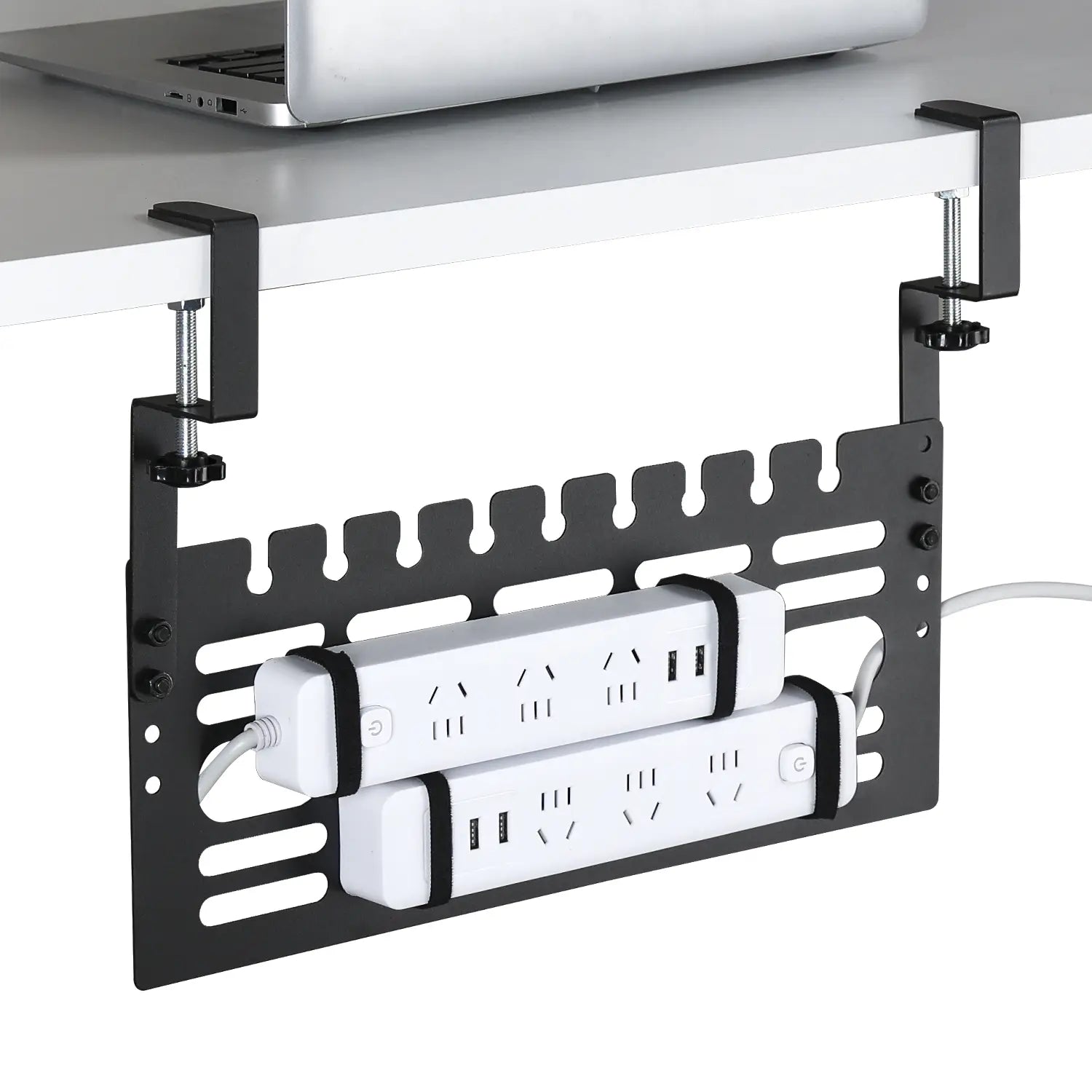 black desk-mounted power strip organizer made of metal with two white surge protectors secured by black straps for under desk cable management