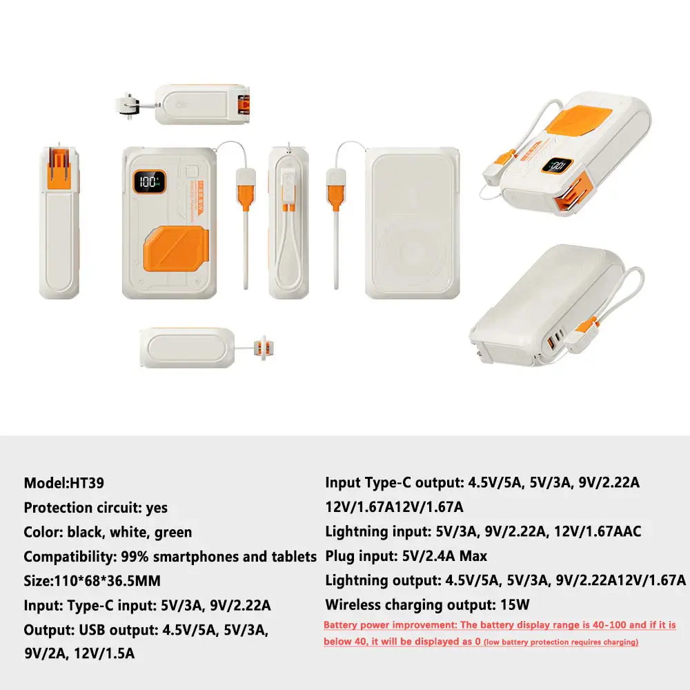 Weißer und orangefarbener Powerbank 20000 mAh 22,5 W kabelloses tragbares Ladegerät mit digitaler Anzeige, mehreren USB-Anschlüssen und austauschbaren Ladekabeln als Energiespeicher-Ladegerät für die Nutzung unterwegs.