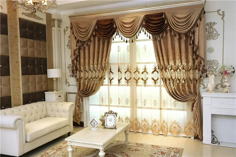Luxurious gold and beige embroidered living room curtains with damask pattern and decorative tassels designed for french window use.