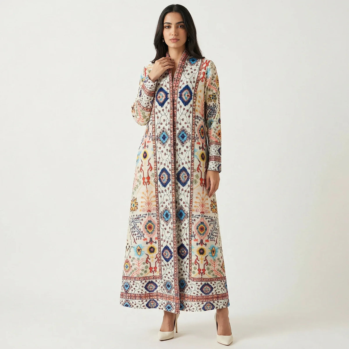 Middle Eastern Abaya robe geometric print dress, foreign trade cross-border retro striped bohemian pleated cardigan long skirt
