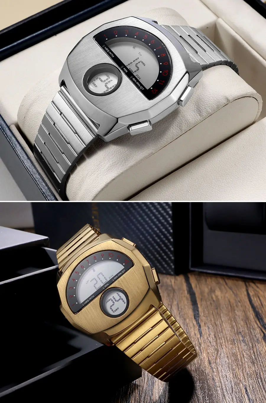 Megir men stainless steel digital watches in silver and gold with rectangular faces, metallic link bands, and dual displays showing time and date.
