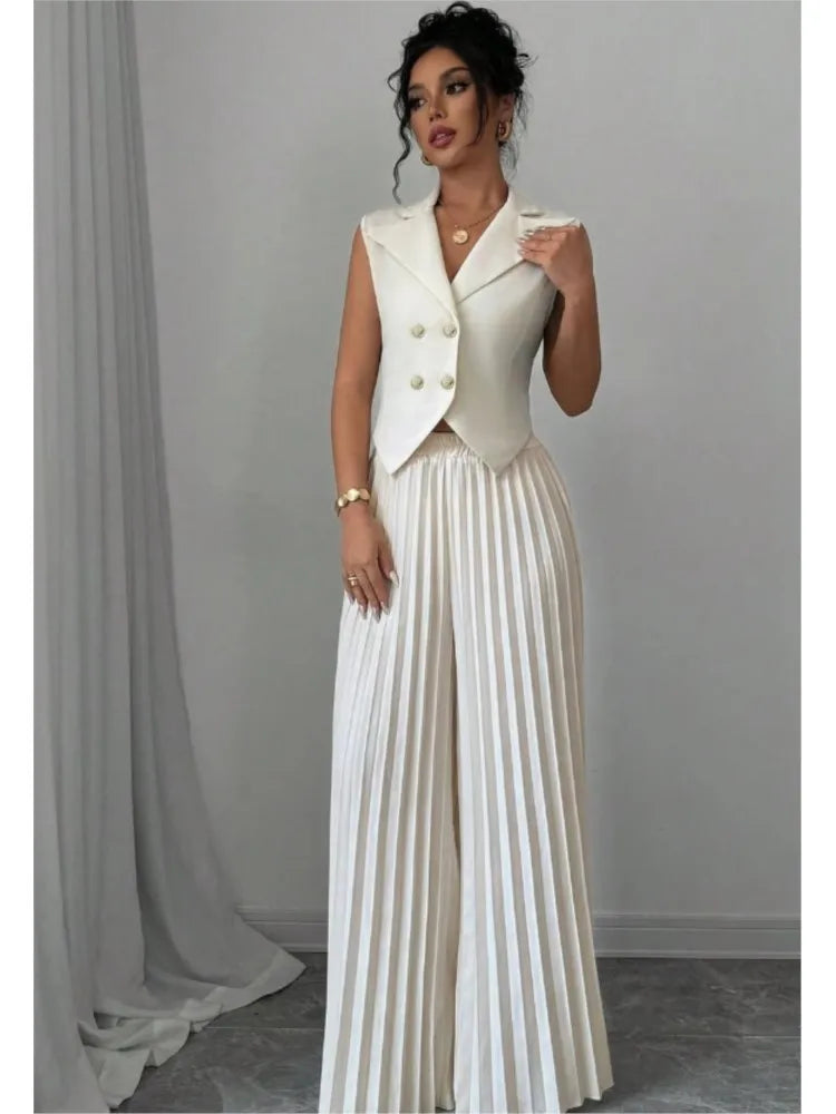 Elegant Formal Women Vest Trousers 2 Pieces Spring New Fashion Retro Wide-leg Pleated Pants Slimming Sleeveless Vest Female Set