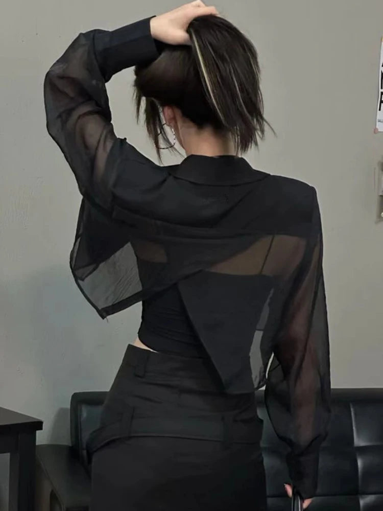See Through Blazers Women Crops Korean Style Sun-proof Office Ladies Temperament High Street Fashion Summer Breathable Notched