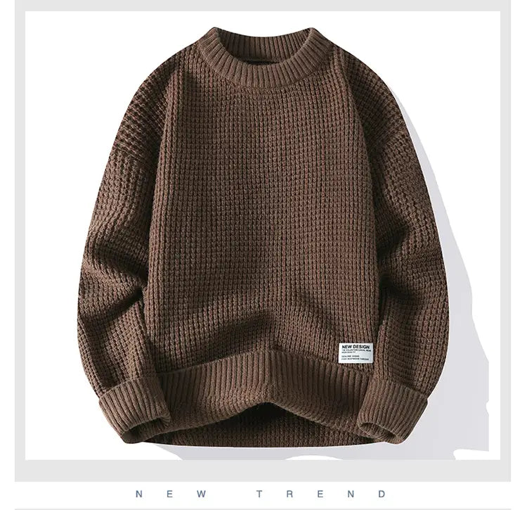 Moownuc Herren-Waffelstrick-Pullover im lässigen Stil in Braun mit geripptem Strick, einem strukturierten Waffelmuster und Rundhalsausschnitt.