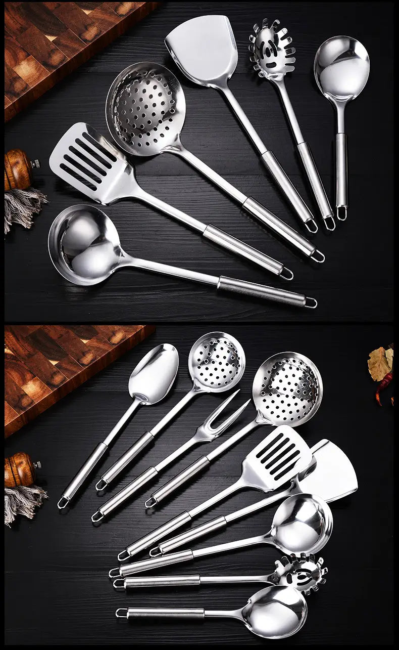 Set of stainless steel kitchen utensils with sleek reflective surfaces in a 9-piece cooking tools set.
