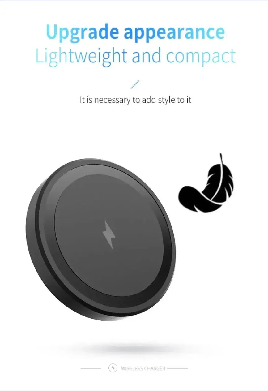 black circular magnetic wireless charger with type c connector featuring a sleek minimalist design and a subtle lightning bolt emblem at its center