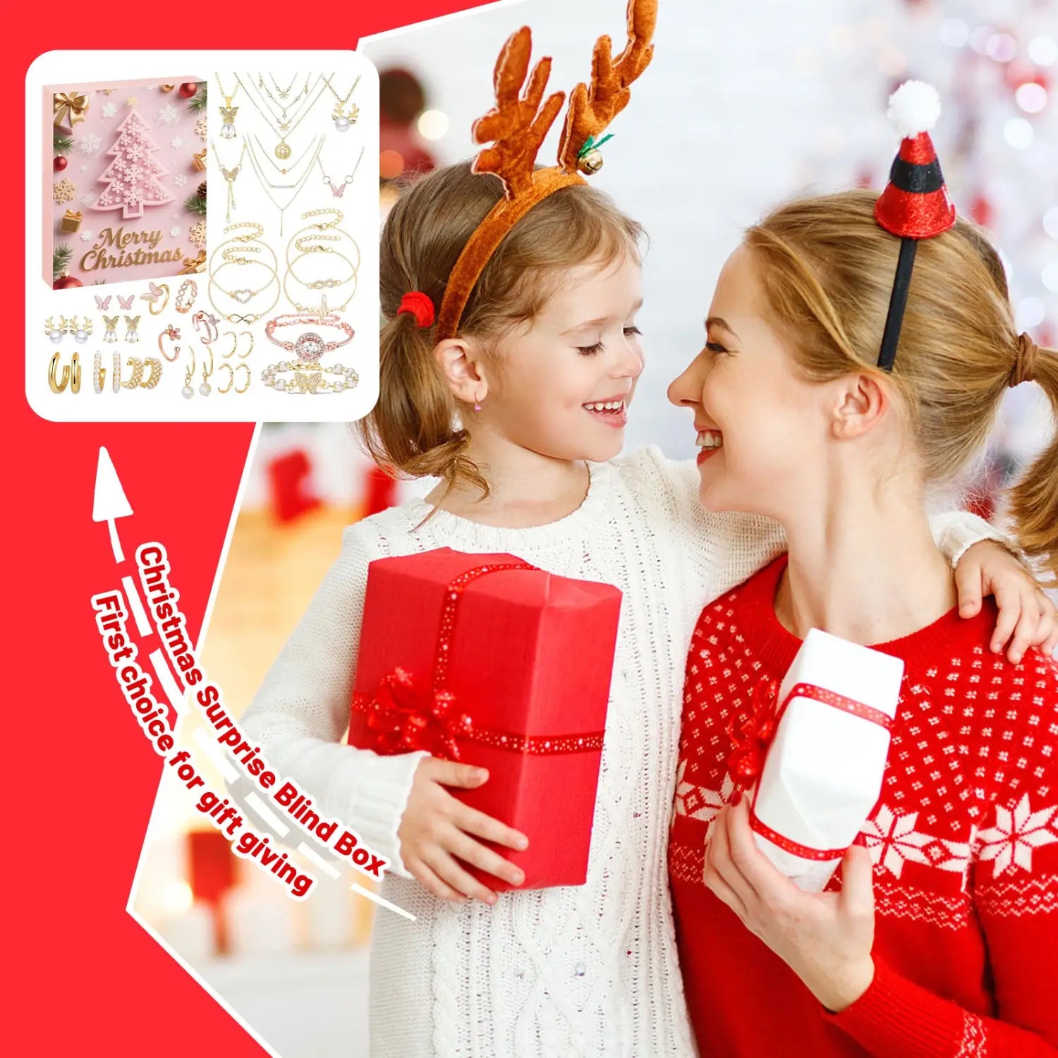 Red christmas-themed blind box gift set featuring gold-toned jewelry and festive headbands in a christmas advent calendar jewelry gift set.