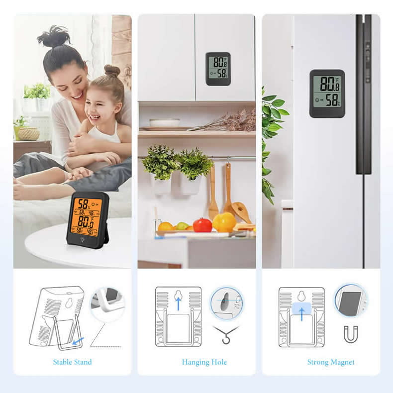 Medidor digital interior de temperatura y humedad con soporte, que presenta un termómetro y un higrómetro digitales negros con pantalla de visualización naranja para una monitorización precisa de la temperatura y la humedad.