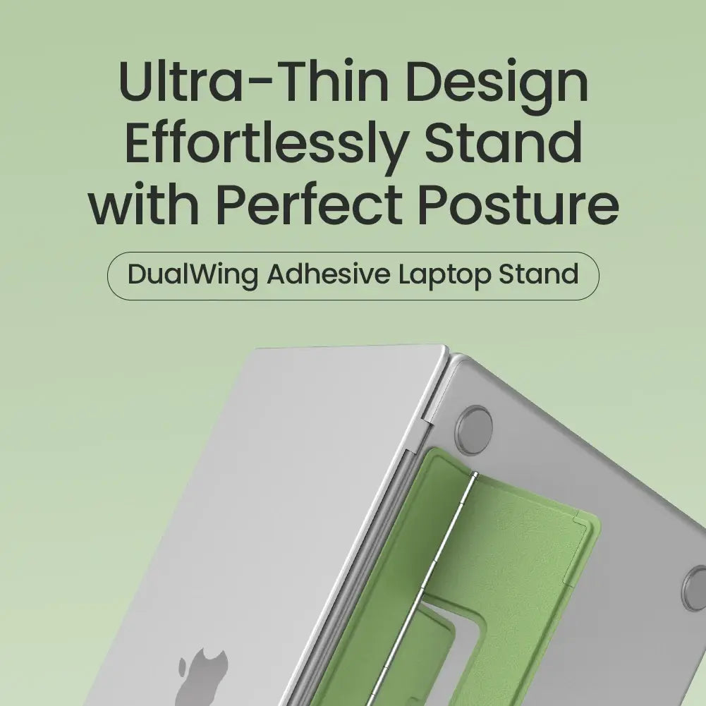 The Nillkin Dualwing adhesive laptop stand is a computer bracket type with a sleek ultra-thin design in silver and light green for ergonomic laptop support.