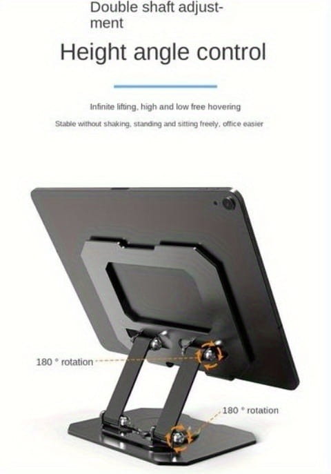 Support de tablette métallique noir avec hauteur réglable et rotation à 180° pour un positionnement polyvalent.