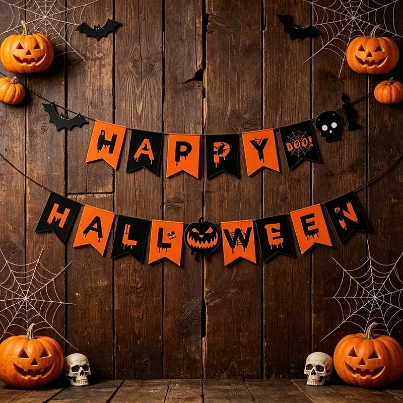 Halloween Flag Hanging Ornaments-decorated with Ghost Bat Skeletons and Scary Pumpkins, Festive Decorations WORLDKPI