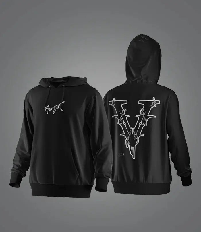 Black oversized hoodie with a white stylized v graphic on the back and a signature design on the front, ideal for streetwear fashion.